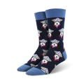 Pair of navy blue crew socks with a repeating pattern of gray schnauzers wearing sailor hats and red scarves.