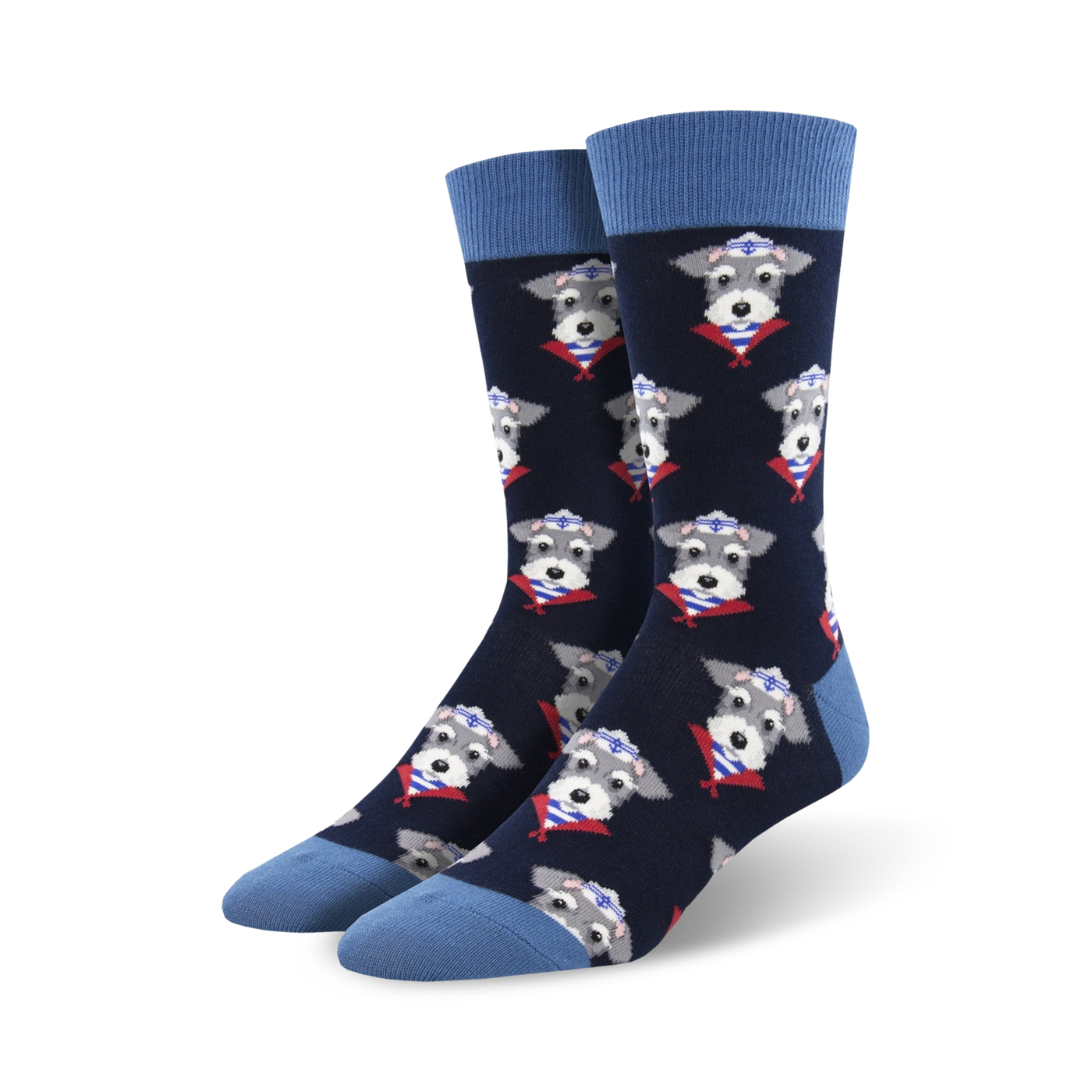Pair of navy blue crew socks with a repeating pattern of gray schnauzers wearing sailor hats and red scarves.