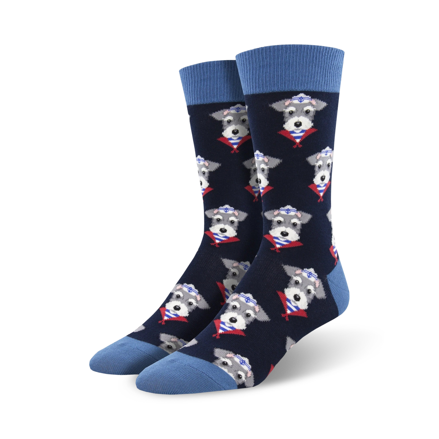 Pair of navy blue crew socks with a repeating pattern of gray schnauzers wearing sailor hats and red scarves.