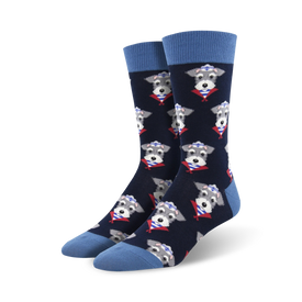 dark blue crew socks with cartoon schnauzers wearing red and white striped shirts and white collars.  