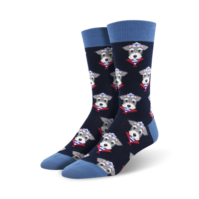 dark blue crew socks with cartoon schnauzers wearing red and white striped shirts and white collars.  