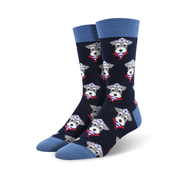dark blue crew socks with cartoon schnauzers wearing red and white striped shirts and white collars.   }}
