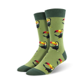 A pair of men's crew socks in olive green, adorned with a repeating pattern of colorful toucans. 