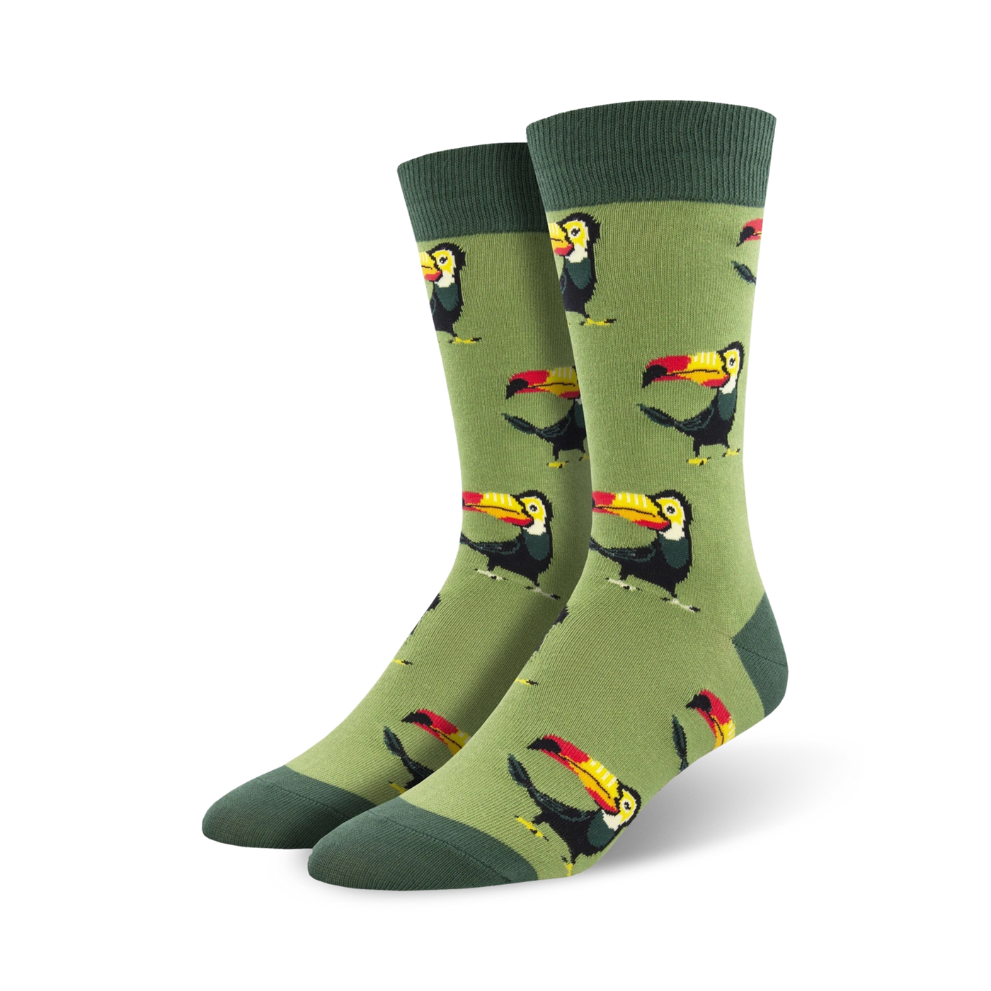 A pair of men's crew socks in olive green, adorned with a repeating pattern of colorful toucans. 