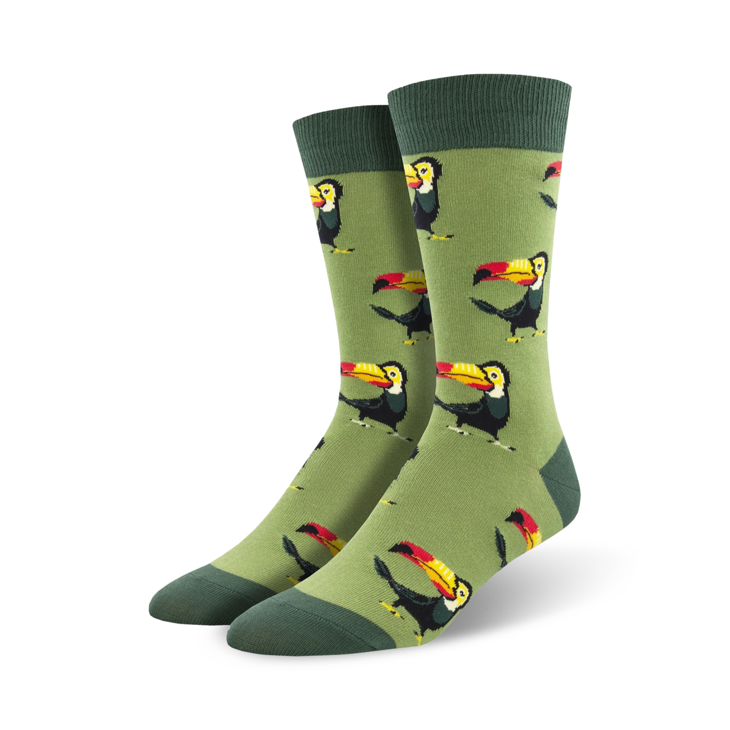A pair of men's crew socks in olive green, adorned with a repeating pattern of colorful toucans. 