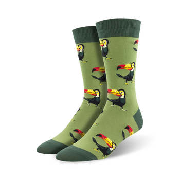 tropical toucan crew socks with black, yellow, and red toucan pattern   