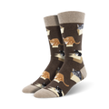 Pair of brown crew socks with a repeating pattern of cats in cardboard boxes.  The cats are orange, black, and gray.