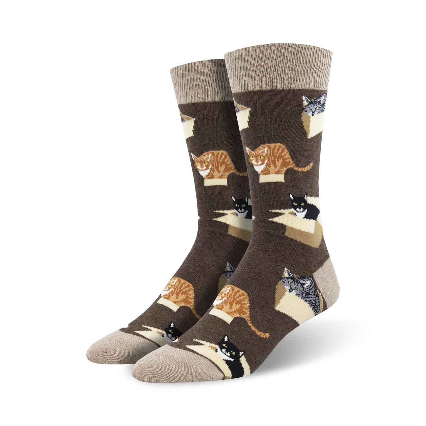 Pair of brown crew socks with a repeating pattern of cats in cardboard boxes.  The cats are orange, black, and gray.