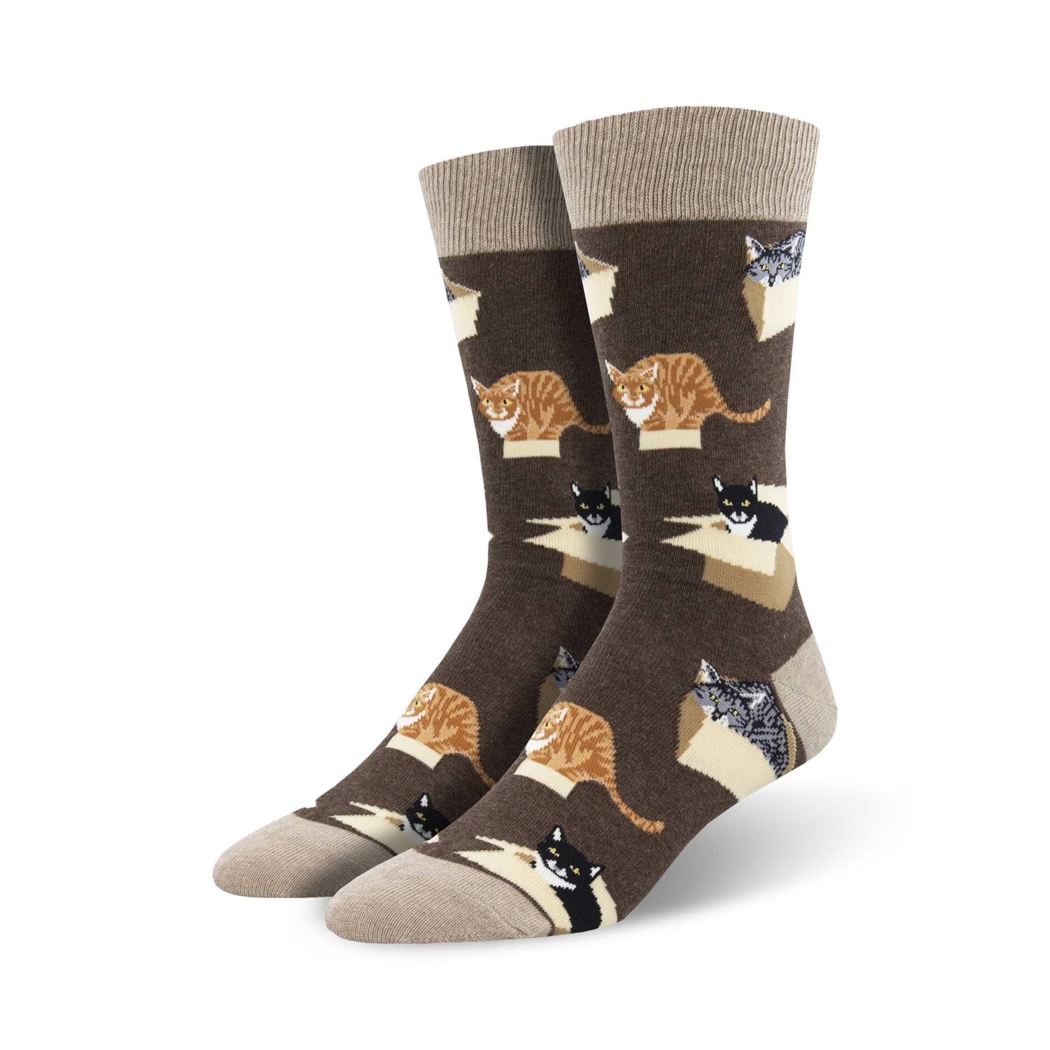 Pair of brown crew socks with a repeating pattern of cats in cardboard boxes.  The cats are orange, black, and gray.