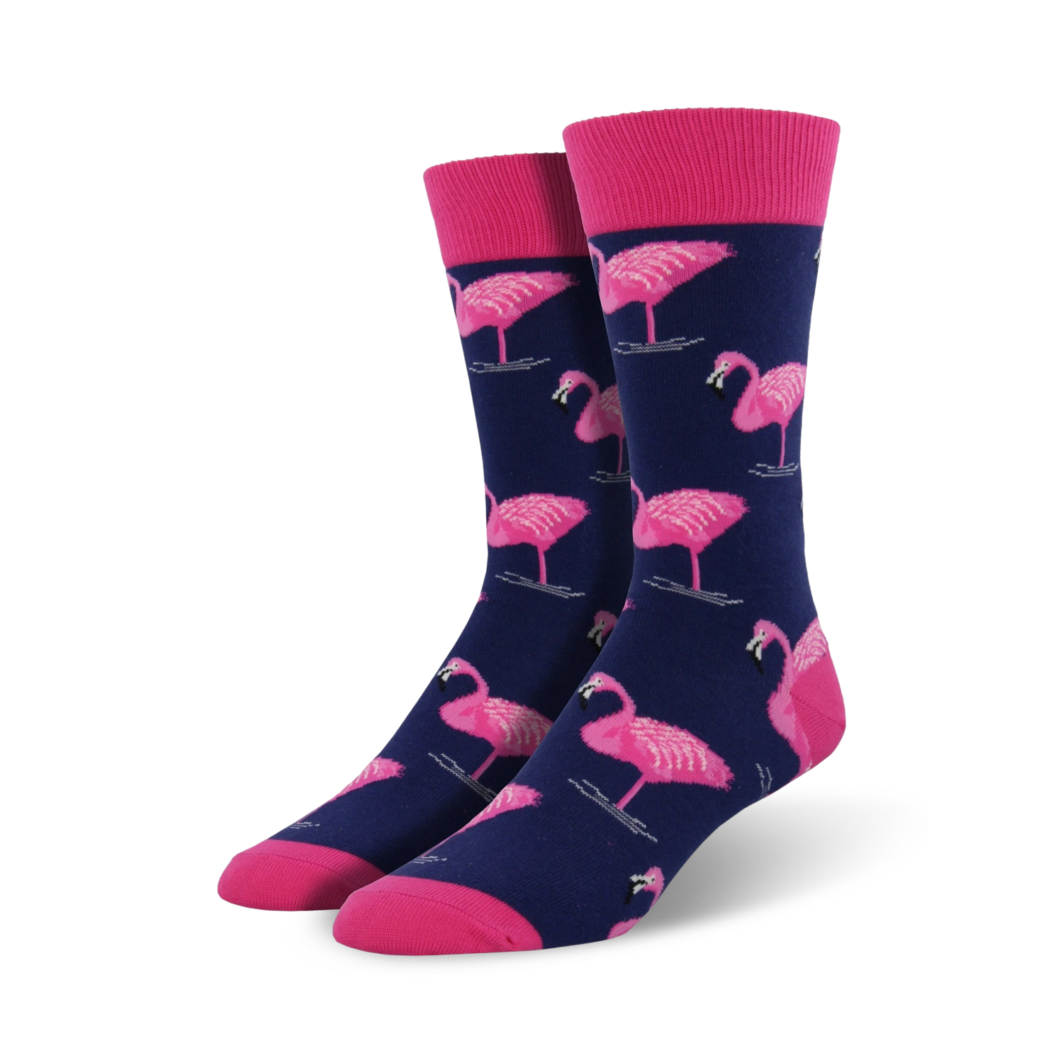 A pair of men's crew socks in navy blue, adorned with a repeating pattern of pink flamingos. The socks have a pink cuff.