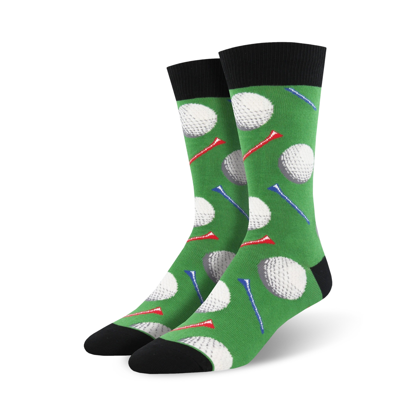 Pair of men's green crew socks with golf ball and tee design. White golf balls and red, blue, and white tees are on a green background.
