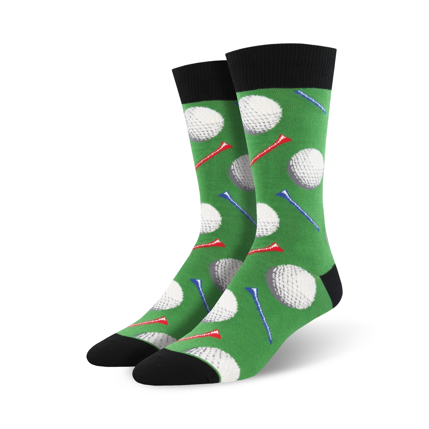 Pair of men's green crew socks with golf ball and tee design. White golf balls and red, blue, and white tees are on a green background.