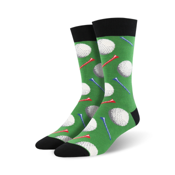 green and white crew length socks with a pattern of golf balls and golf tees.   