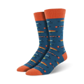 Pair of teal men's crew socks with an orange cuff.  The socks feature a repeating pattern of pixelated fish in orange, yellow, and blue.