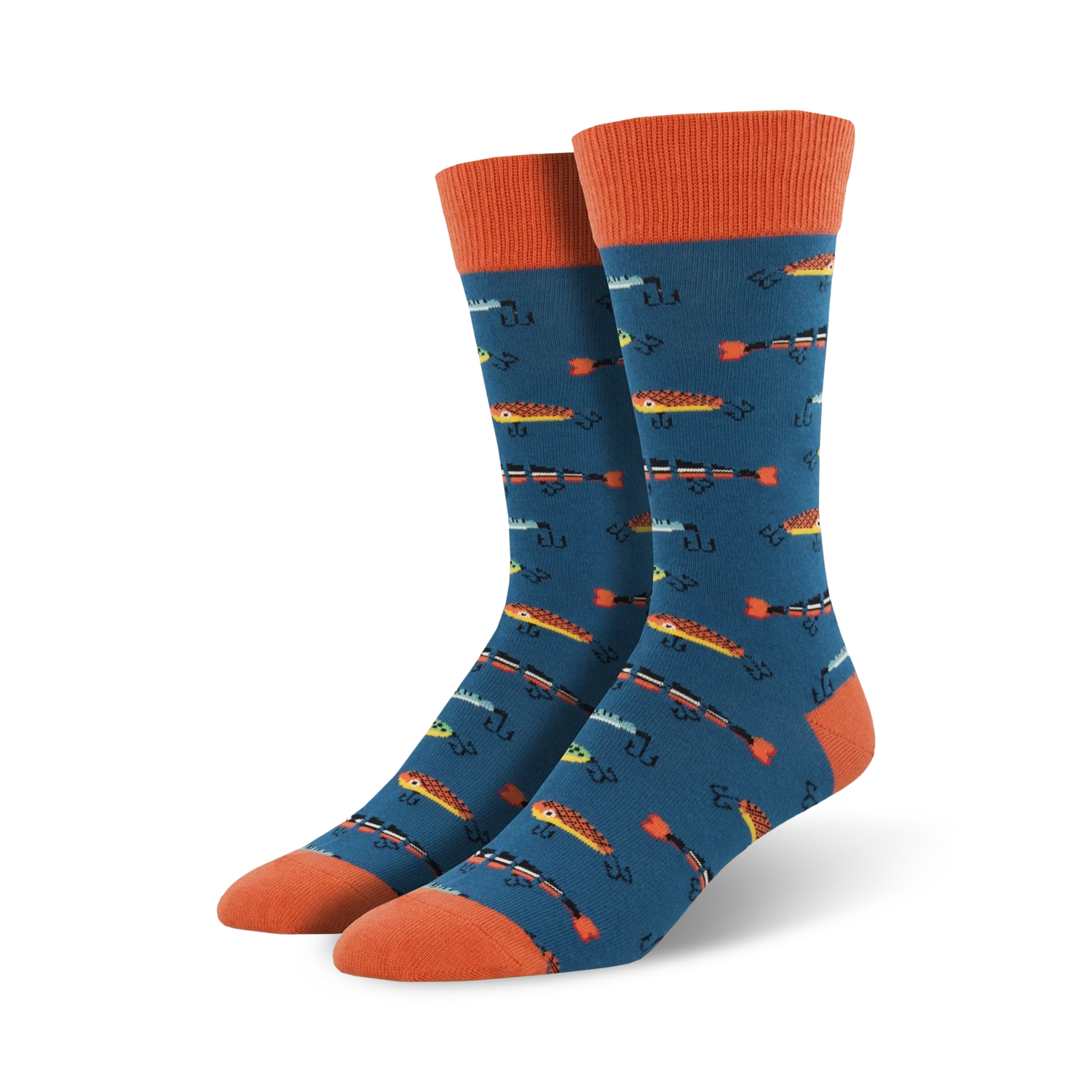 Pair of teal men's crew socks with an orange cuff.  The socks feature a repeating pattern of pixelated fish in orange, yellow, and blue.