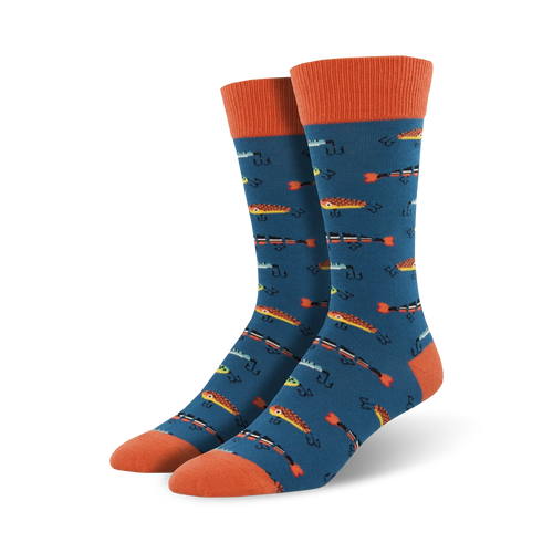 Pair of teal men's crew socks with an orange cuff.  The socks feature a repeating pattern of pixelated fish in orange, yellow, and blue.