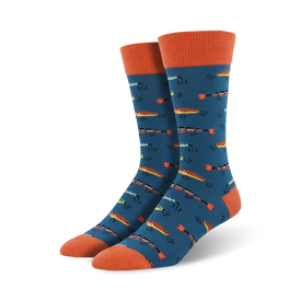 mens blue crew socks with orange cuff and allover print of orange fish and black fish hooks.  