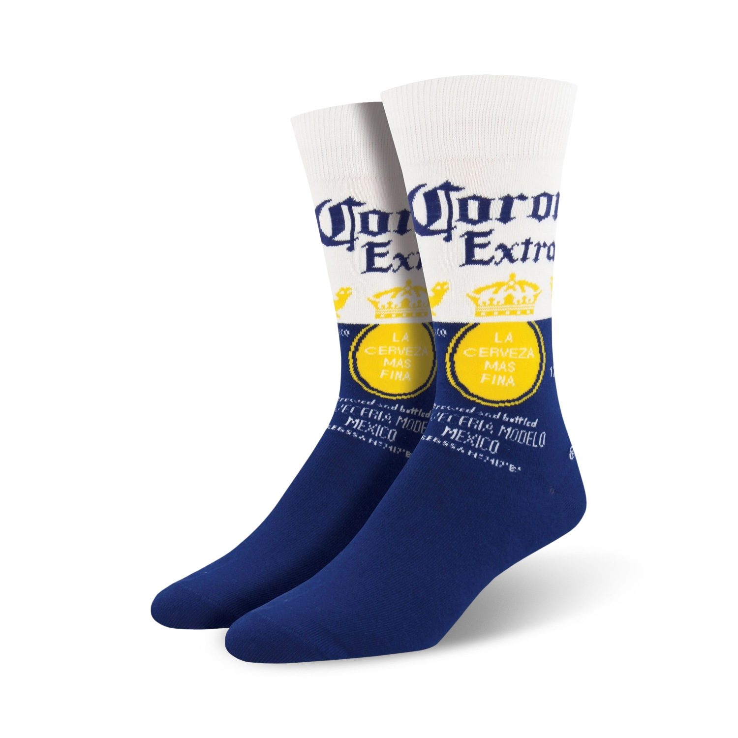 Pair of Corona Extra crew socks. White and blue design features the Corona Extra beer logo and text.