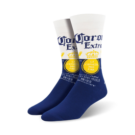  white crew socks with blue toe, heel, and cuff featuring a repeated pattern of a blue and yellow corona extra label with unreadable text.    