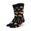 Pair of black crew socks with colorful sushi rolls, chopsticks, and wasabi design. 