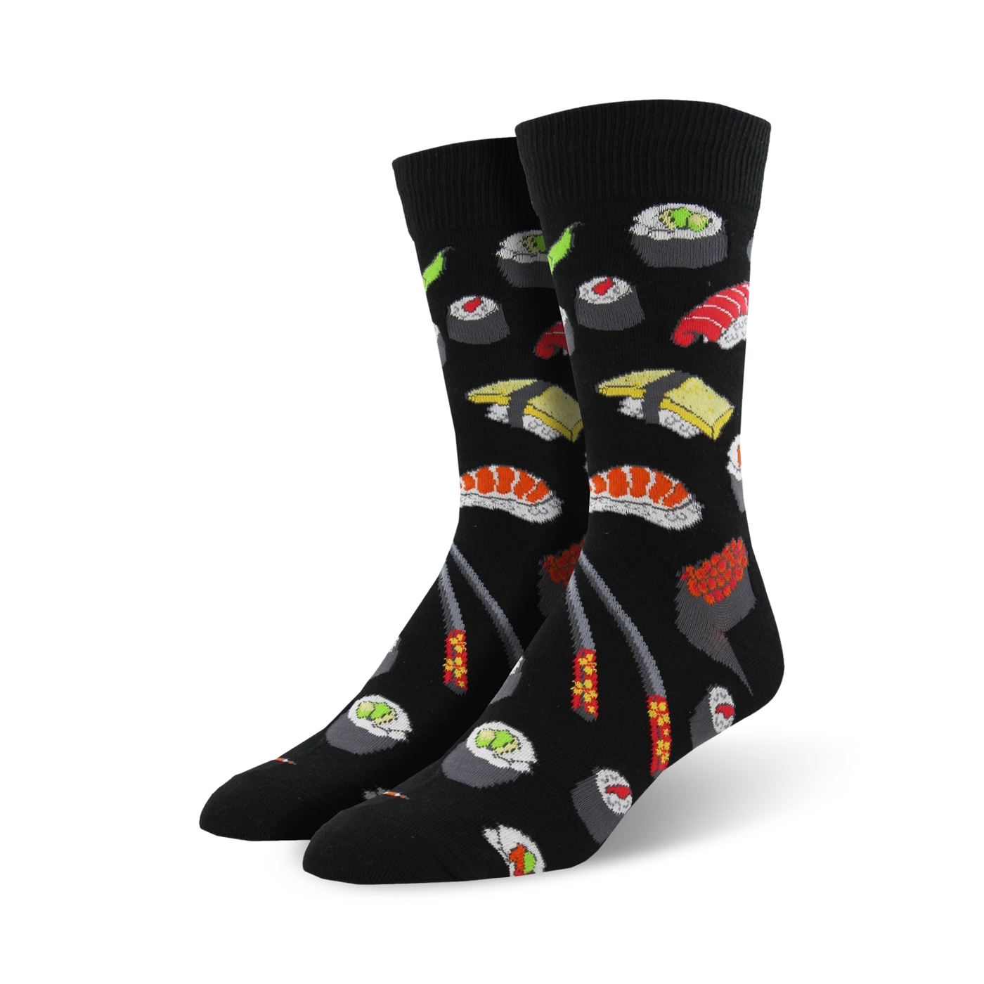 Pair of black crew socks with colorful sushi rolls, chopsticks, and wasabi design. 