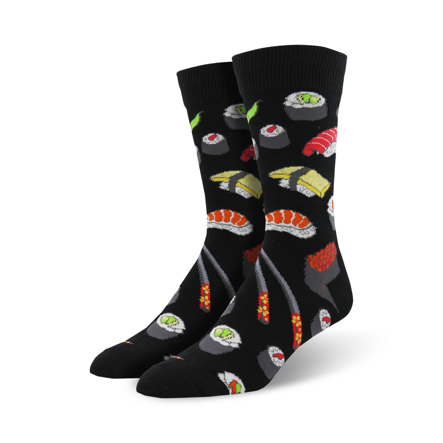 Pair of black crew socks with colorful sushi rolls, chopsticks, and wasabi design. 