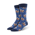 A pair of men's crew socks in navy blue, featuring a repeating pattern of brown otters playfully swimming. XL size.