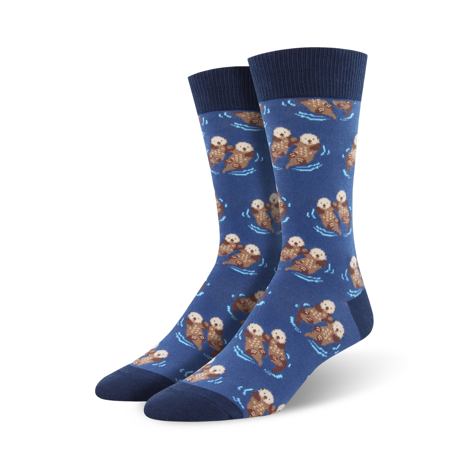A pair of men's crew socks in navy blue, featuring a repeating pattern of brown otters playfully swimming. XL size.