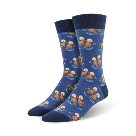dark blue crew length socks with cute cartoon otters swimming and holding hands on a blue-green water wavy background. wonderful for men.   