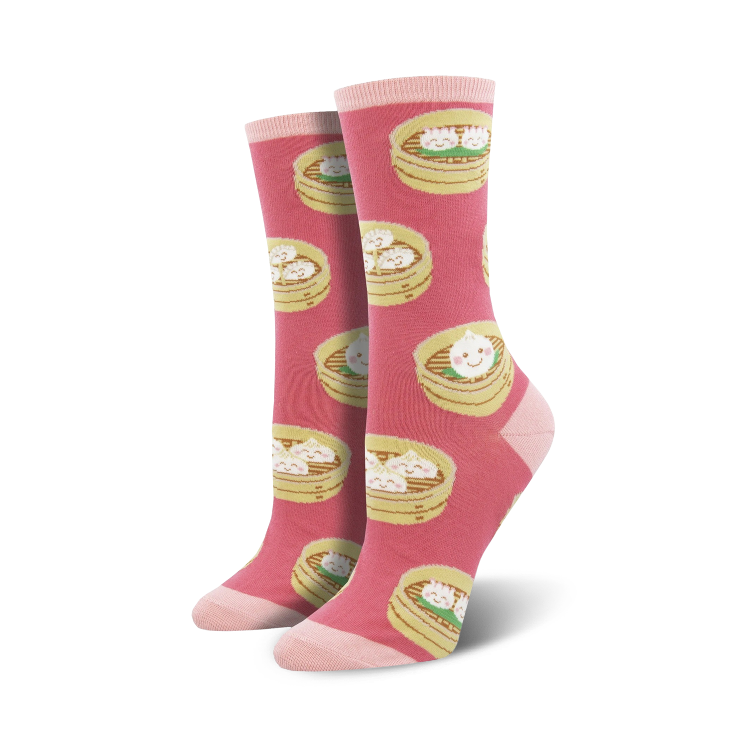 Pair of crew socks in pink and green featuring a repeating pattern of cartoon dim sum dumplings in bamboo steamers.