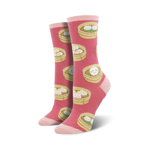 for the dumpling lover - show off your food passion with these fun, pink, dumpling-patterned crew socks designed for women.  