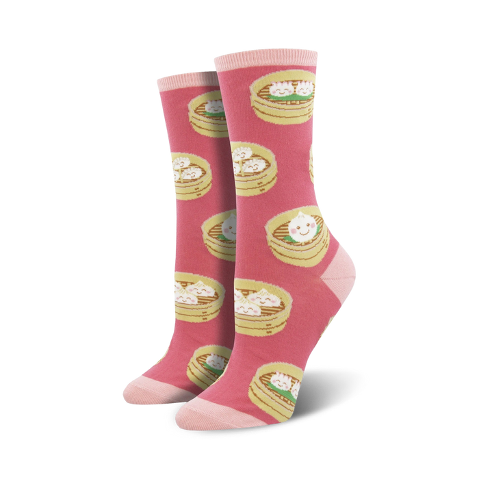 for the dumpling lover - show off your food passion with these fun, pink, dumpling-patterned crew socks designed for women.  