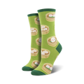 Lifestyle shot of a person wearing the green 'Cute As A Dumpling' socks with jeans and sneakers.