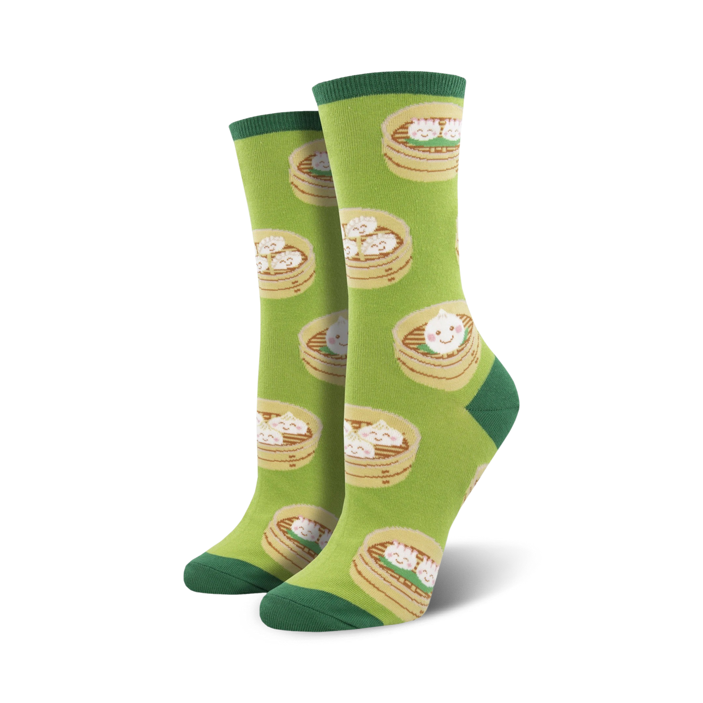 Lifestyle shot of a person wearing the green 'Cute As A Dumpling' socks with jeans and sneakers.