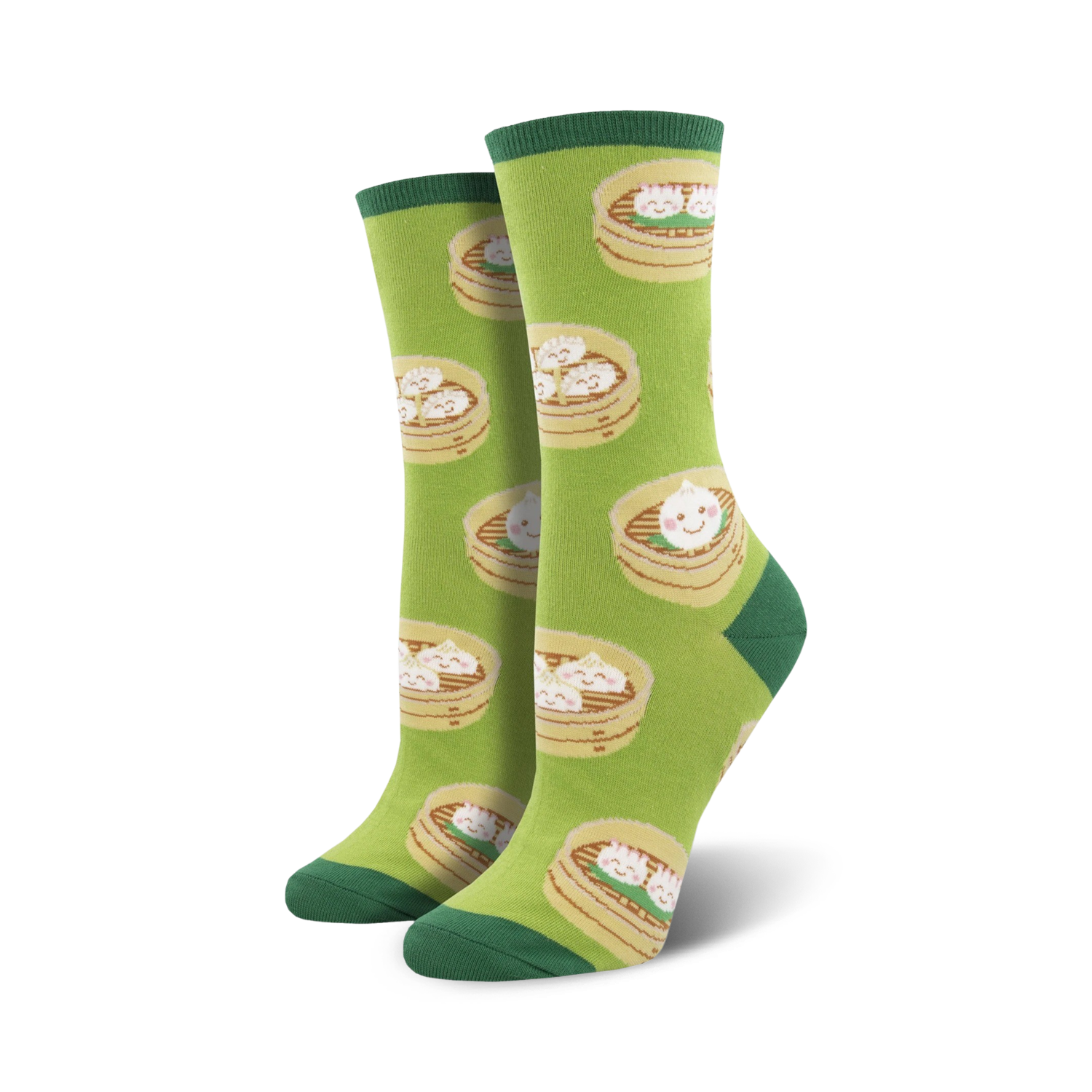 Lifestyle shot of a person wearing the green 'Cute As A Dumpling' socks with jeans and sneakers.