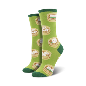 green crew socks with a pattern of dumplings in bamboo steamers.   