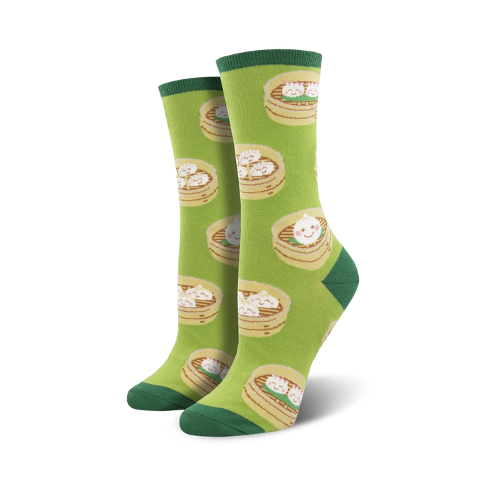 green crew socks with a pattern of dumplings in bamboo steamers.   