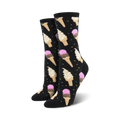Pair of women's crew socks in black and purple. Ice cream cones and sprinkles pattern.