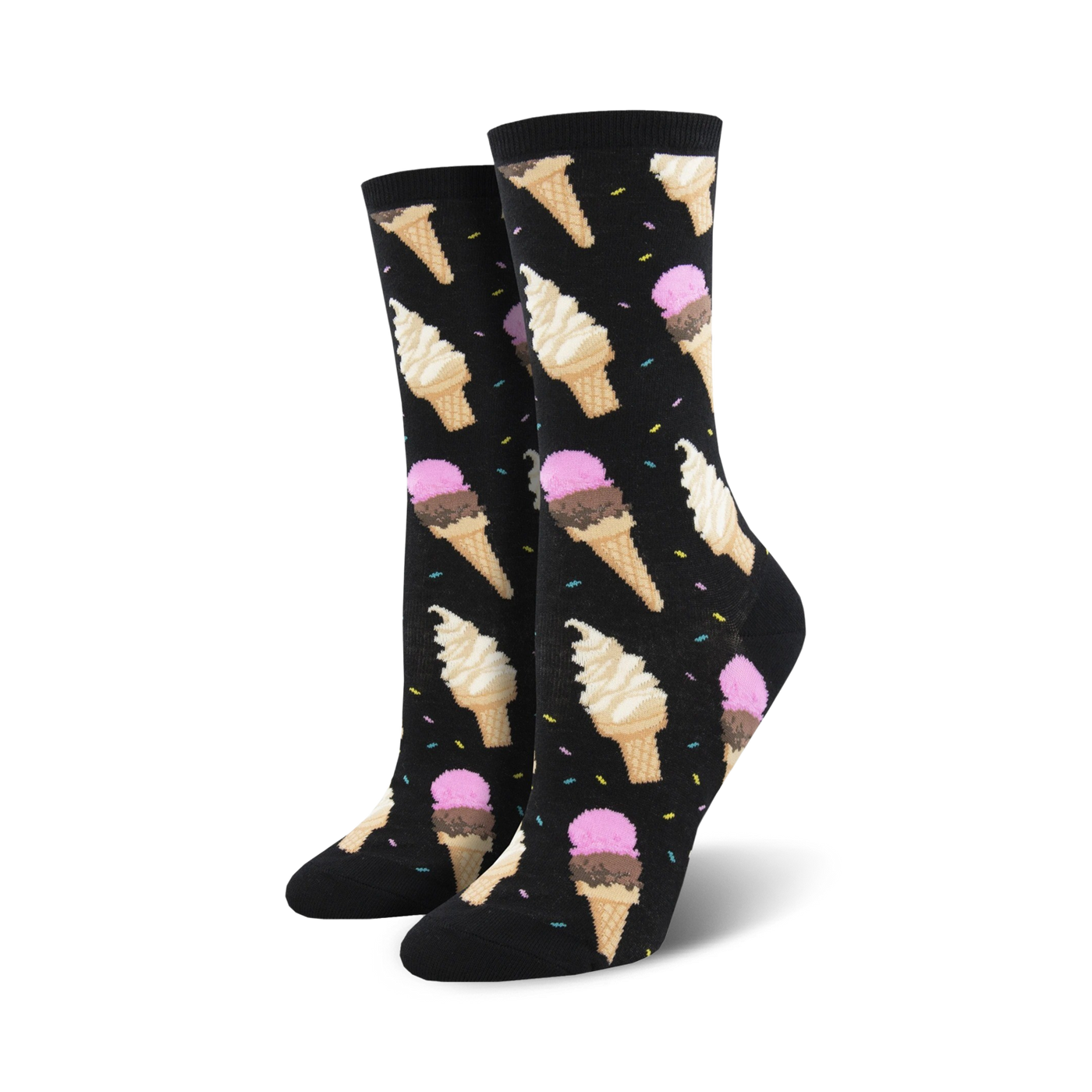 Pair of women's crew socks in black and purple. Ice cream cones and sprinkles pattern.