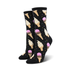 Pair of women's crew socks in black and purple. Ice cream cones and sprinkles pattern.