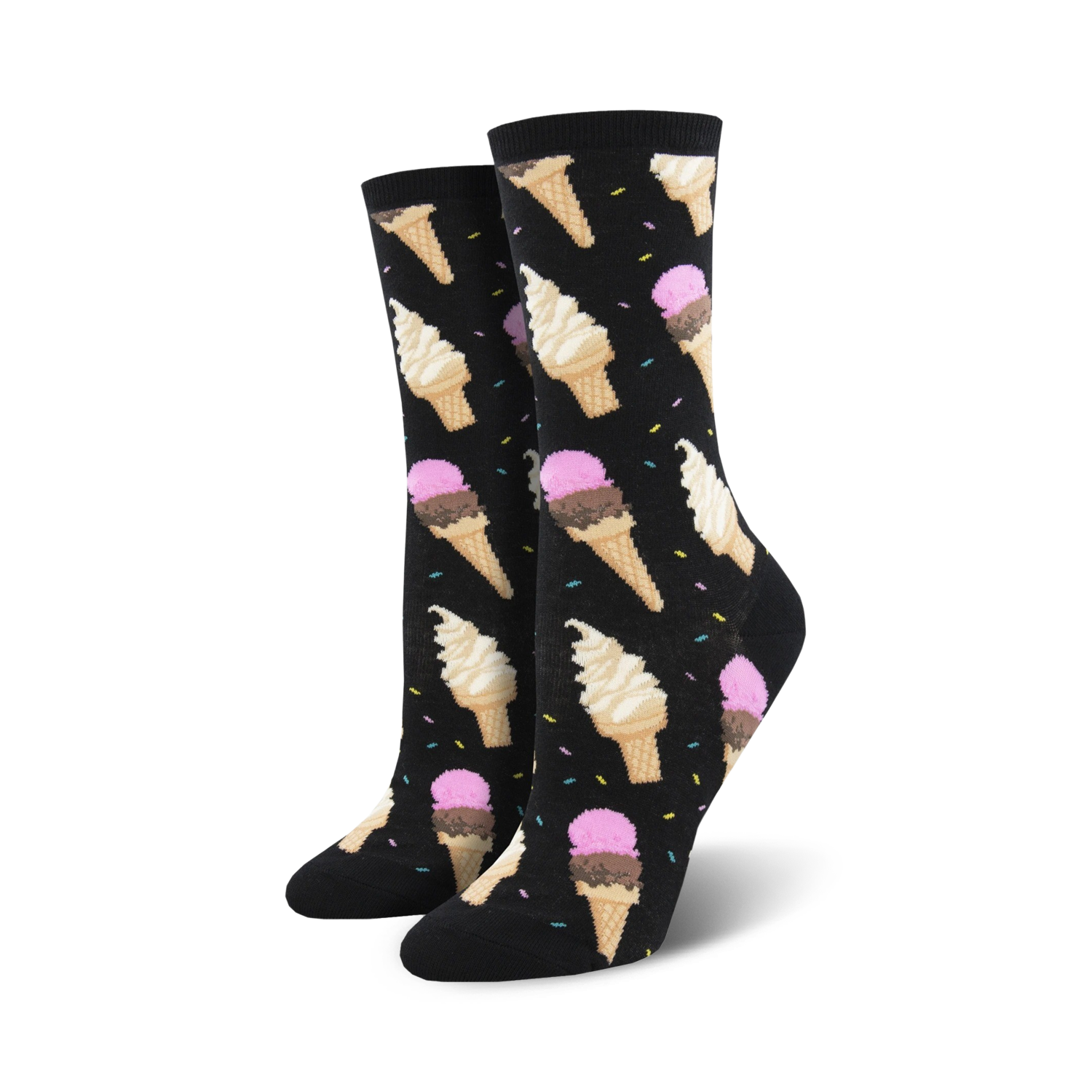 Pair of women's crew socks in black and purple. Ice cream cones and sprinkles pattern.