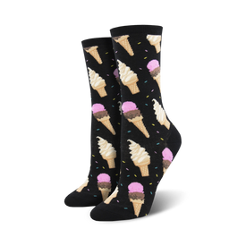 black crew socks with a pattern of multicolored ice cream cones, "i scream."  