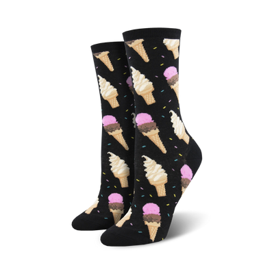 black crew socks with a pattern of multicolored ice cream cones, "i scream."  