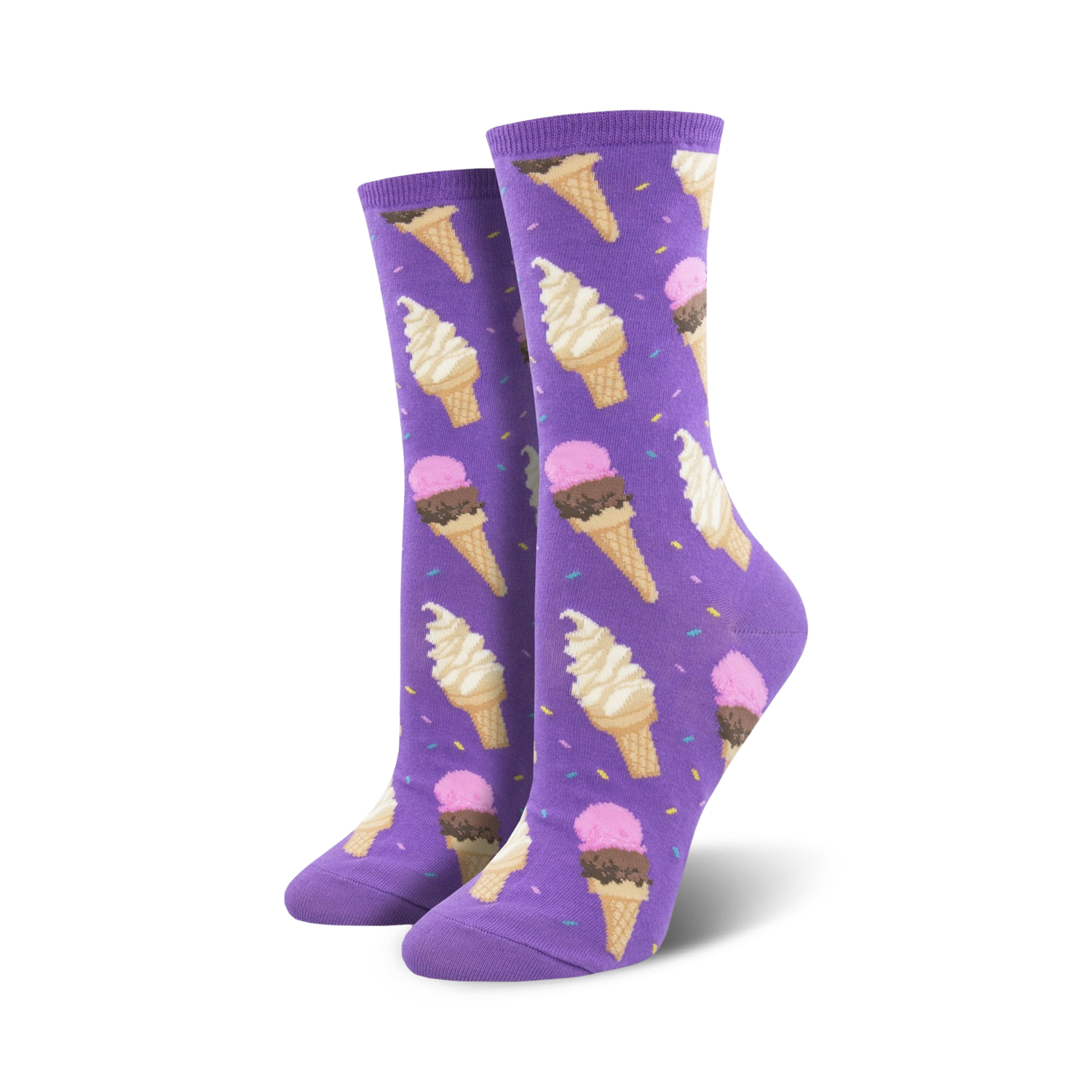 Lifestyle shot showing the purple 'I Scream' socks on a model's feet.