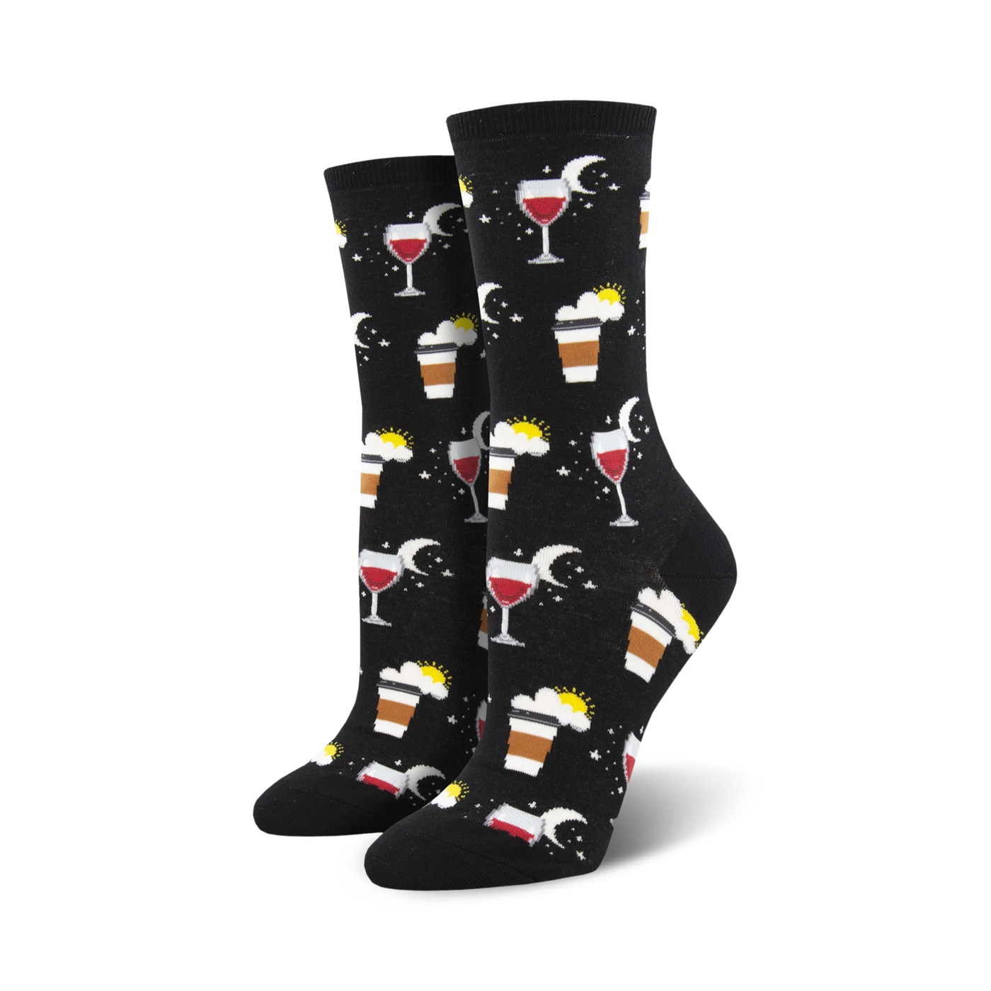 Pair of crew socks in black and blue, featuring a whimsical design of coffee cups, wine glasses, suns, and moons.