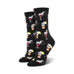 Pair of crew socks in black and blue, featuring a whimsical design of coffee cups, wine glasses, suns, and moons.