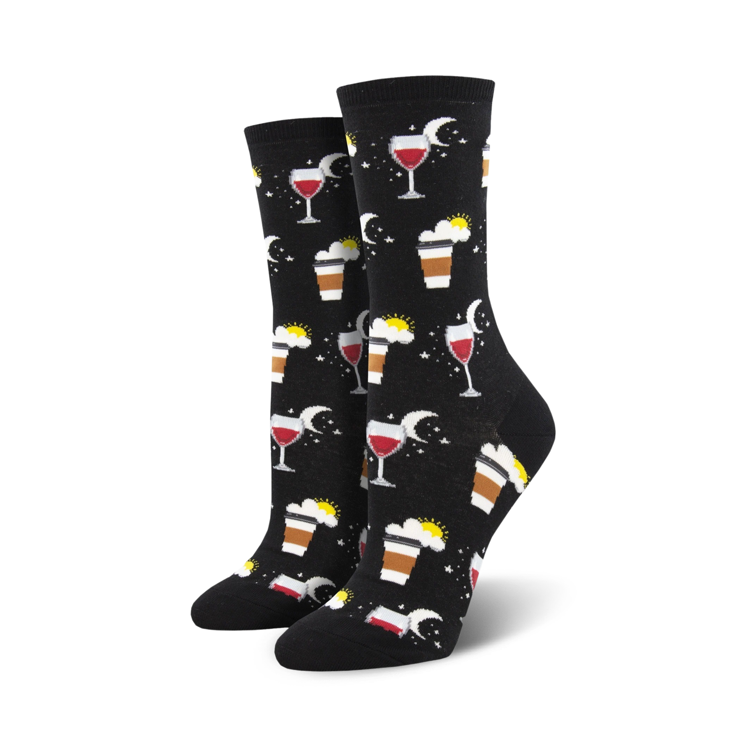 Pair of crew socks in black and blue, featuring a whimsical design of coffee cups, wine glasses, suns, and moons.