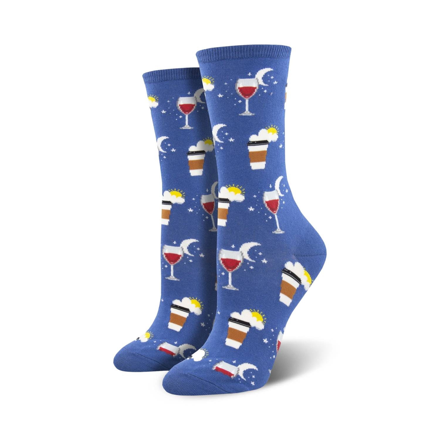 Lifestyle shot of women's feet wearing blue 'All In A Day's Work' socks.