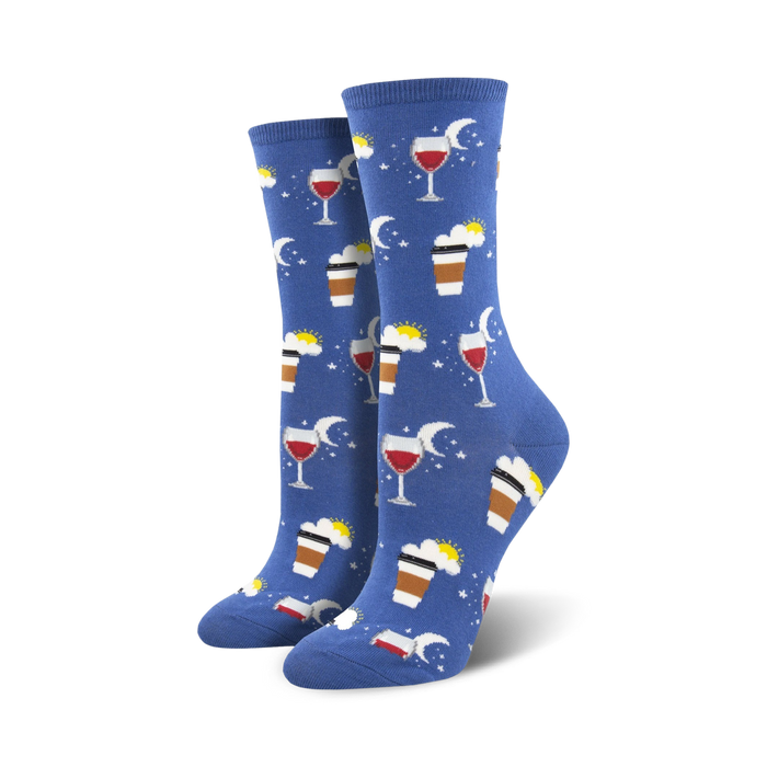 blue crew socks with white moons & clouds, yellow suns, red wine glasses & brown coffee cups.   