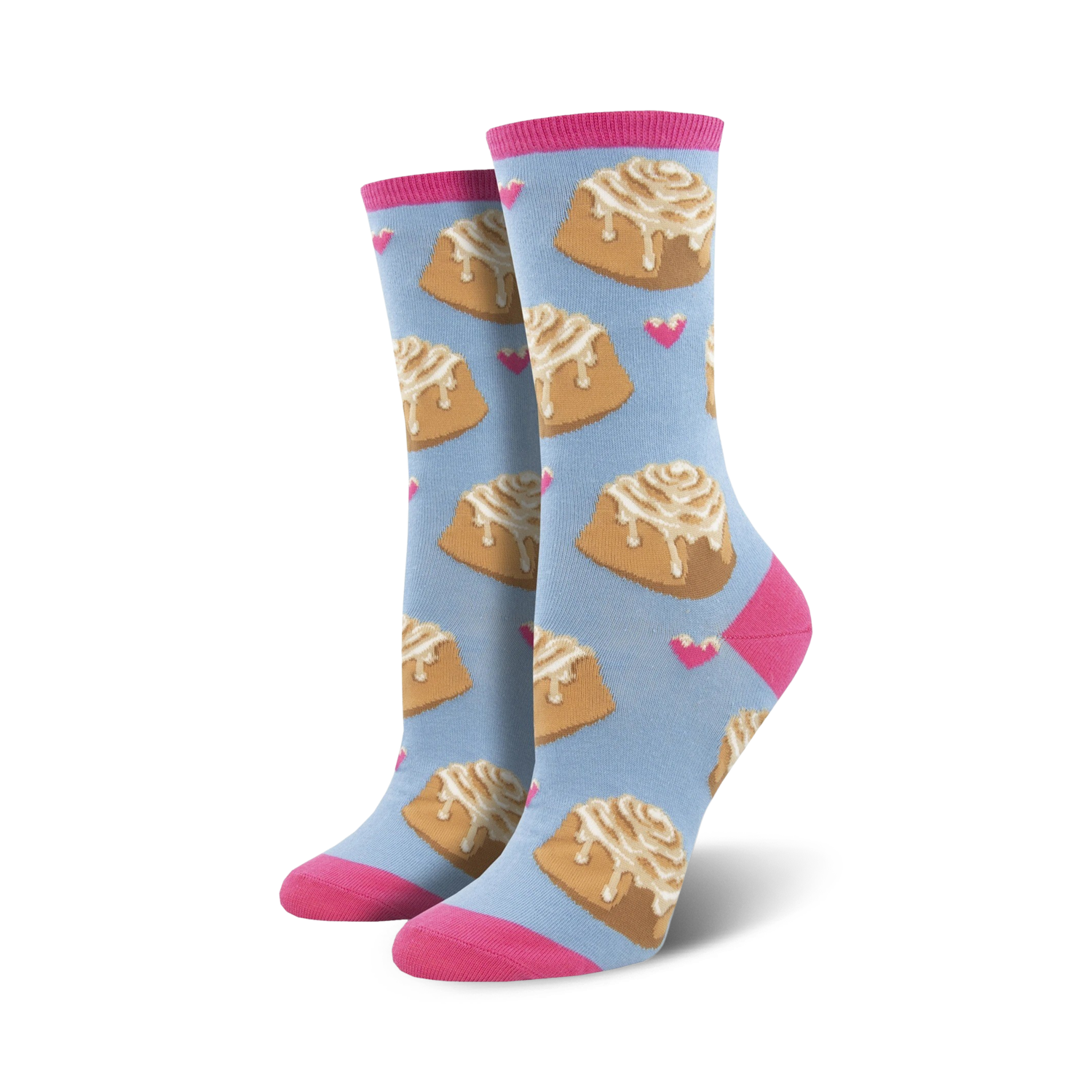 Pair of women's crew socks with a pastel blue background featuring a pattern of cinnamon rolls and pink hearts. Pink cuffs.